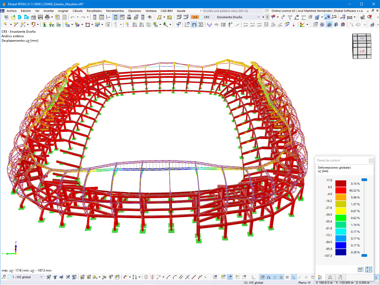 Simulación de deformaciones globales en una estructura de estadio de fútbol utilizando RFEM. La imagen muestra un análisis detallado de cómo las fuerzas actúan sobre el modelo estructural.