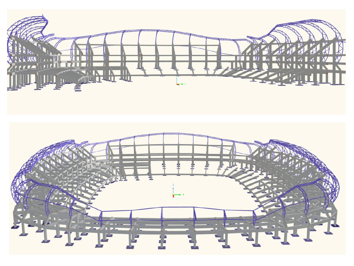 Vista detallada del modelo de un estadio con estructura compleja creado en RFEM, mostrando las geometrías y conexiones.