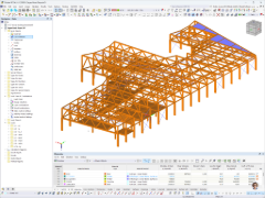 Modelo estructural del Sages Road Depot mostrando cerchas de madera laminada encolada y losas de CLT en RFEM 6