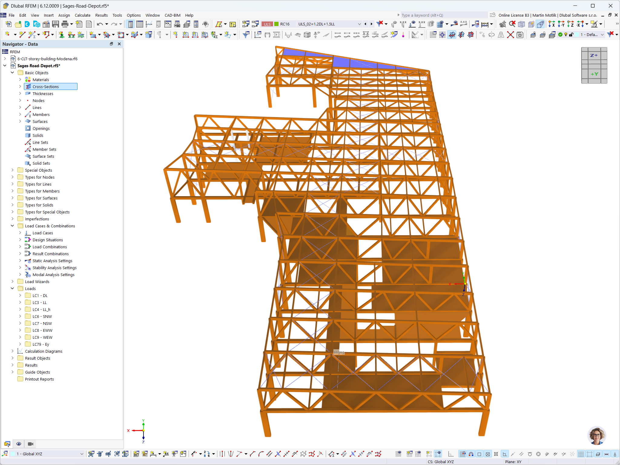 Modelo de cálculo estructural de Sages Road Depot en Australia con cerchas de madera laminada encolada, losas de CLT y estructura híbrida
