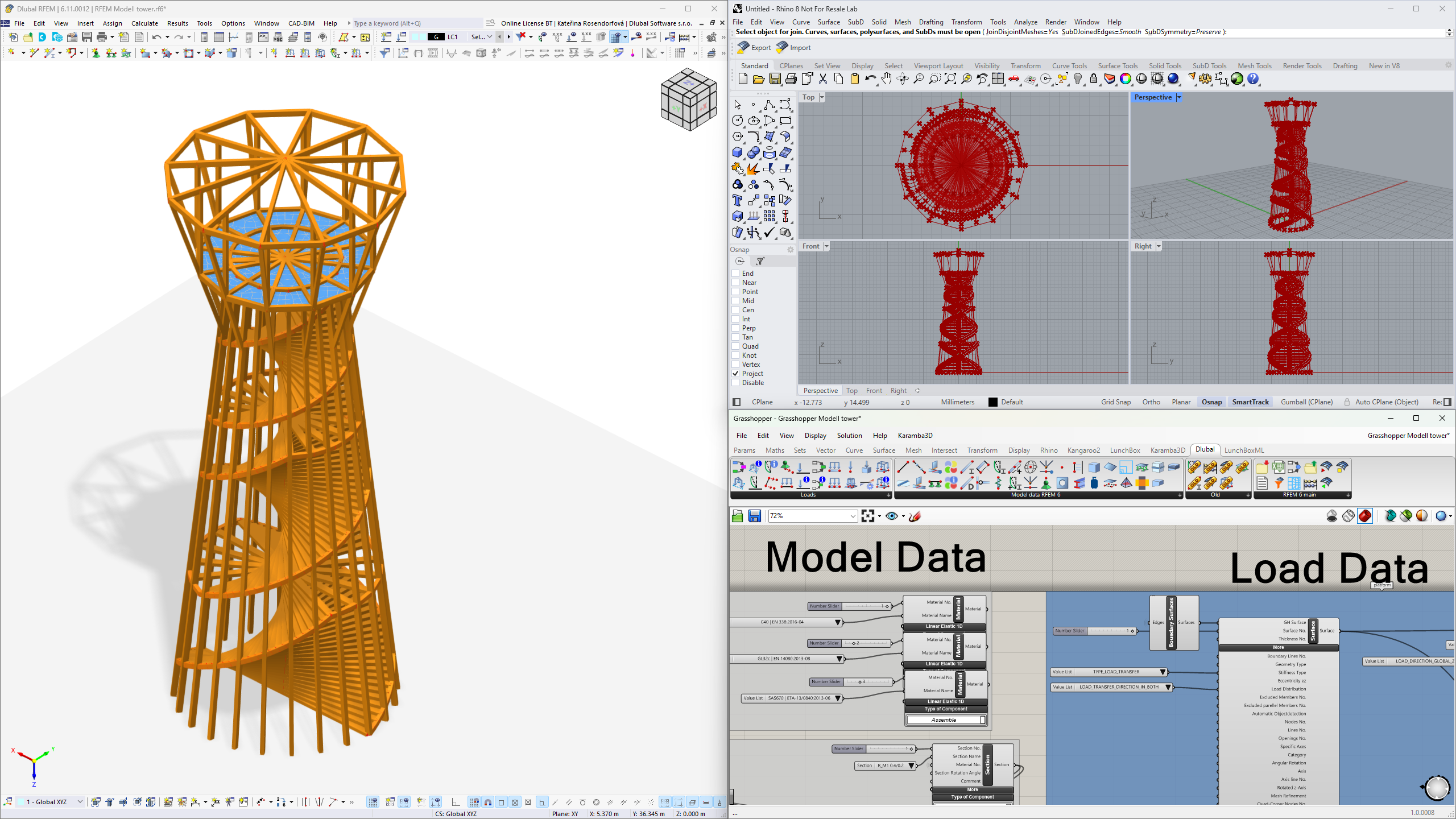 Ilustración de la integración de RFEM y Rhino demostrando sus capacidades combinadas en modelado estructural 3D y diseño.