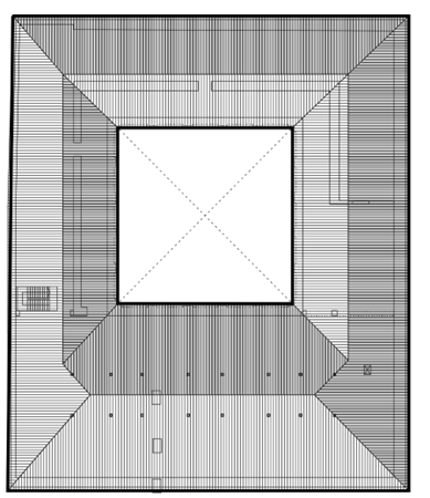 Representación detallada de un plano arquitectónico de cubiertas en forma rectangular para análisis estructural.
