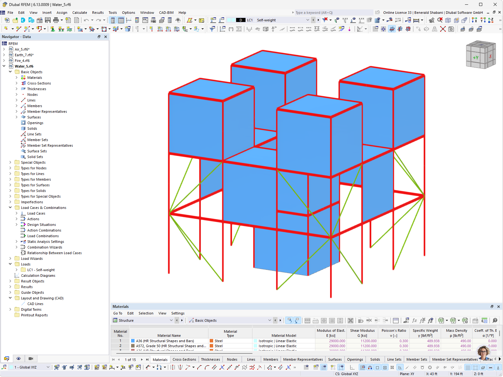 Modelo estructural de acero del nivel "Water" en RFEM de Bent on Destruction.