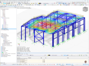 Resultados de deformación global mostrados para un almacén industrial con estructura de acero bajo carga de paneles de cubierta, analizado en RFEM 6.