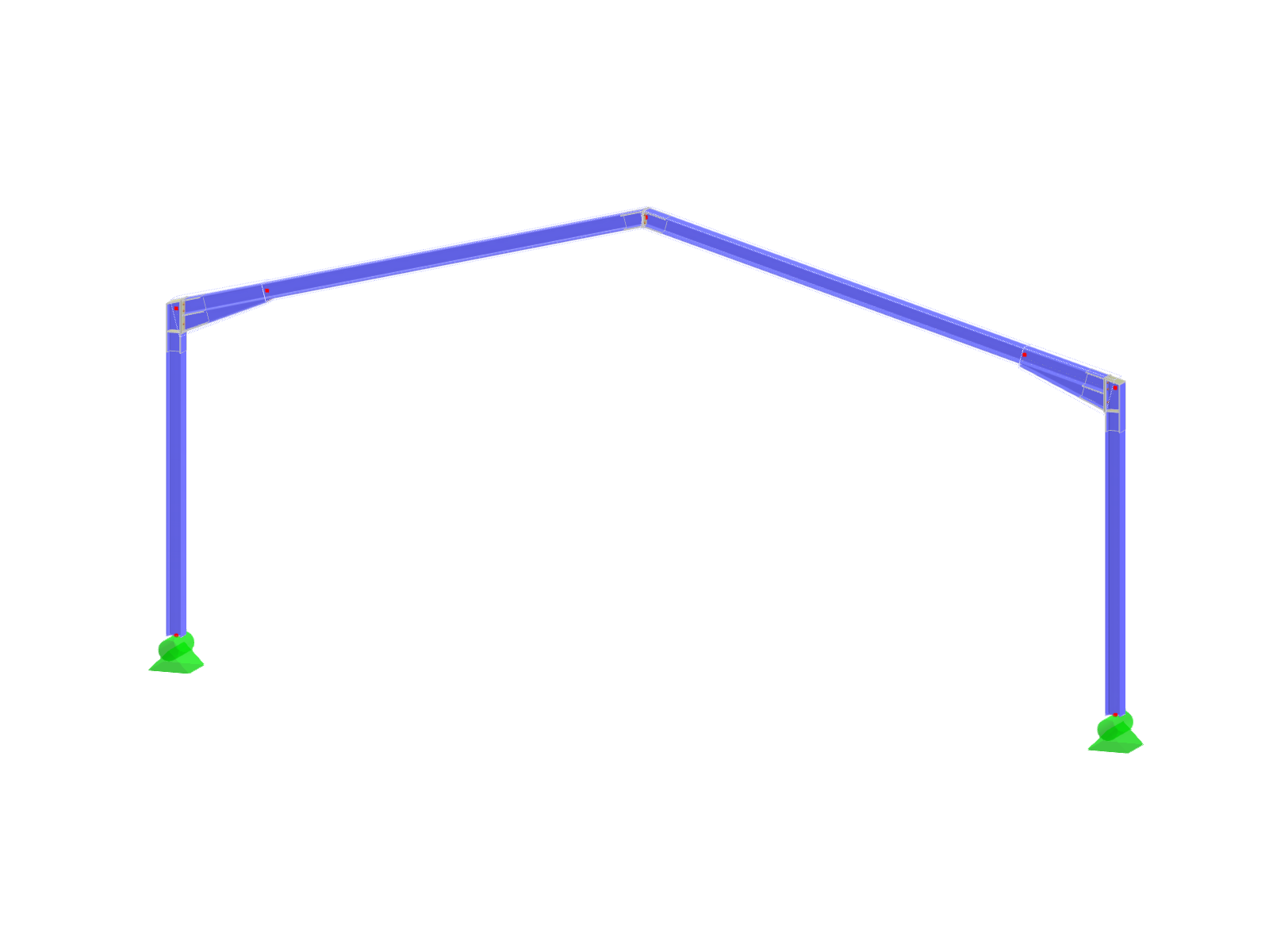 Visualización de un único pórtico de acero con líneas de carga estática y líneas de flexión representadas.