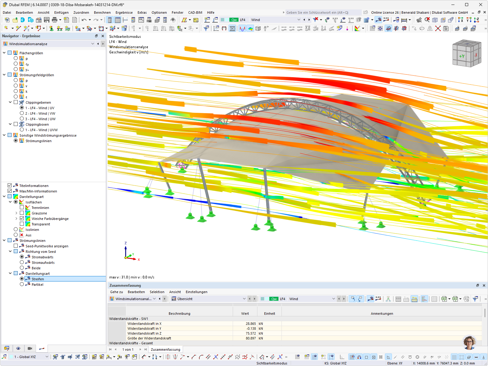 Simulación de patrones de flujo de aire en un análisis estructural, representada mediante líneas de corriente.