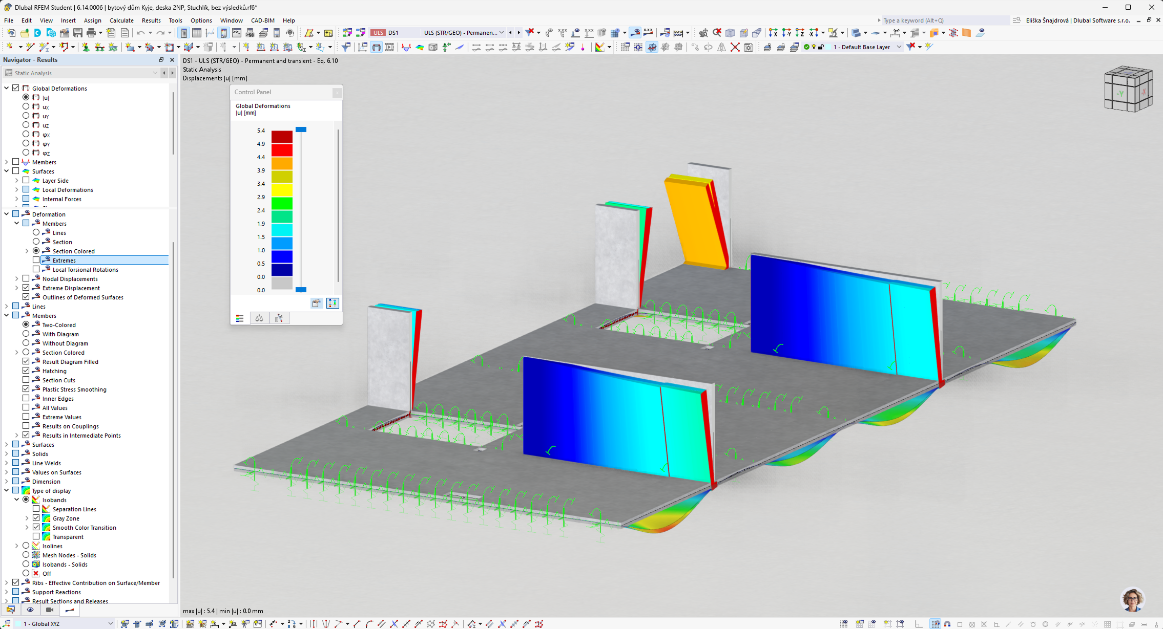 Modelo de losa de techo de hormigón armado de un edificio de apartamentos con terraza en RFEM 6, que incluye el análisis de fuerzas internas y el dimensionamiento de la armadura según los Eurocódigos.