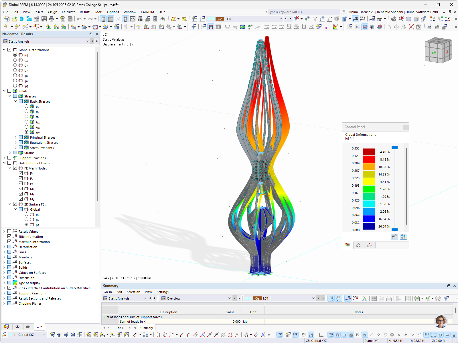 Resultado de simulación de una deformación en estructura de acero con representación gráfica realista en un análisis estructural.