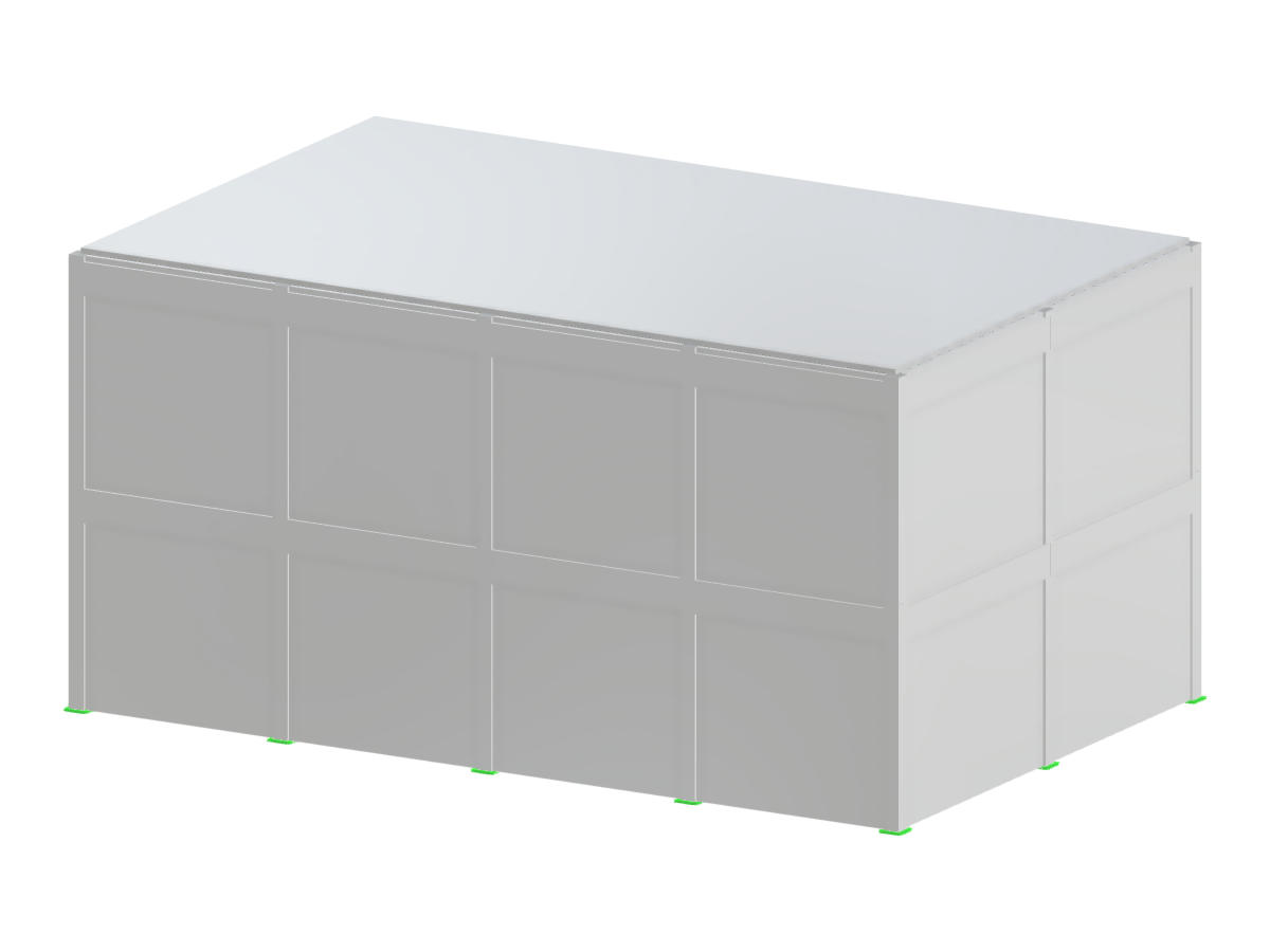 Modelo de un edificio de hormigón que muestra un diseño rectangular con un número variable de vanos y plantas, incluyendo muros, forjados, vigas y pilares.