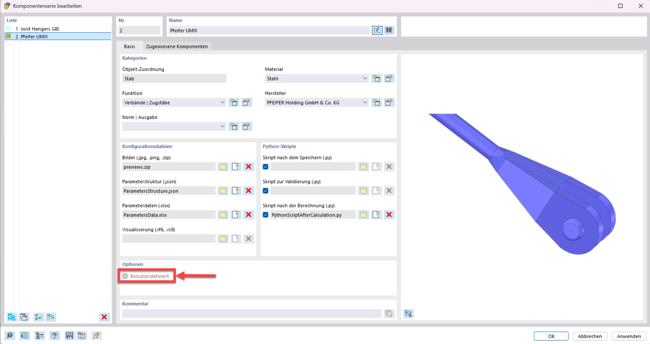 Cuadro de diálogo para la configuración de componentes con la opción "Personalizado" activada.