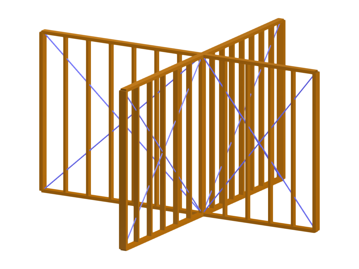 Detalle estructural de un muro de madera prefabricado que muestra una conexión transversal en un proyecto de construcción.