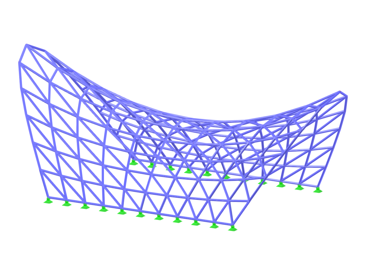 Modelo estructural que muestra una carcasa curva compleja formada utilizando miembros lineales individuales en el análisis de construcción.