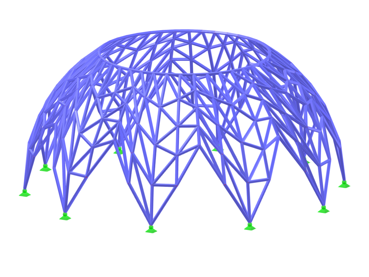 Estructura de cáscara semiesférica formada por miembros curvos que muestra geometría compleja y elementos de diseño utilizando software de ingeniería avanzado.