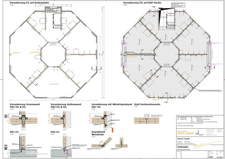 Representación en planta de una estructura de forjado octogonal de madera contralaminada que muestra la disposición estructural de los elementos.