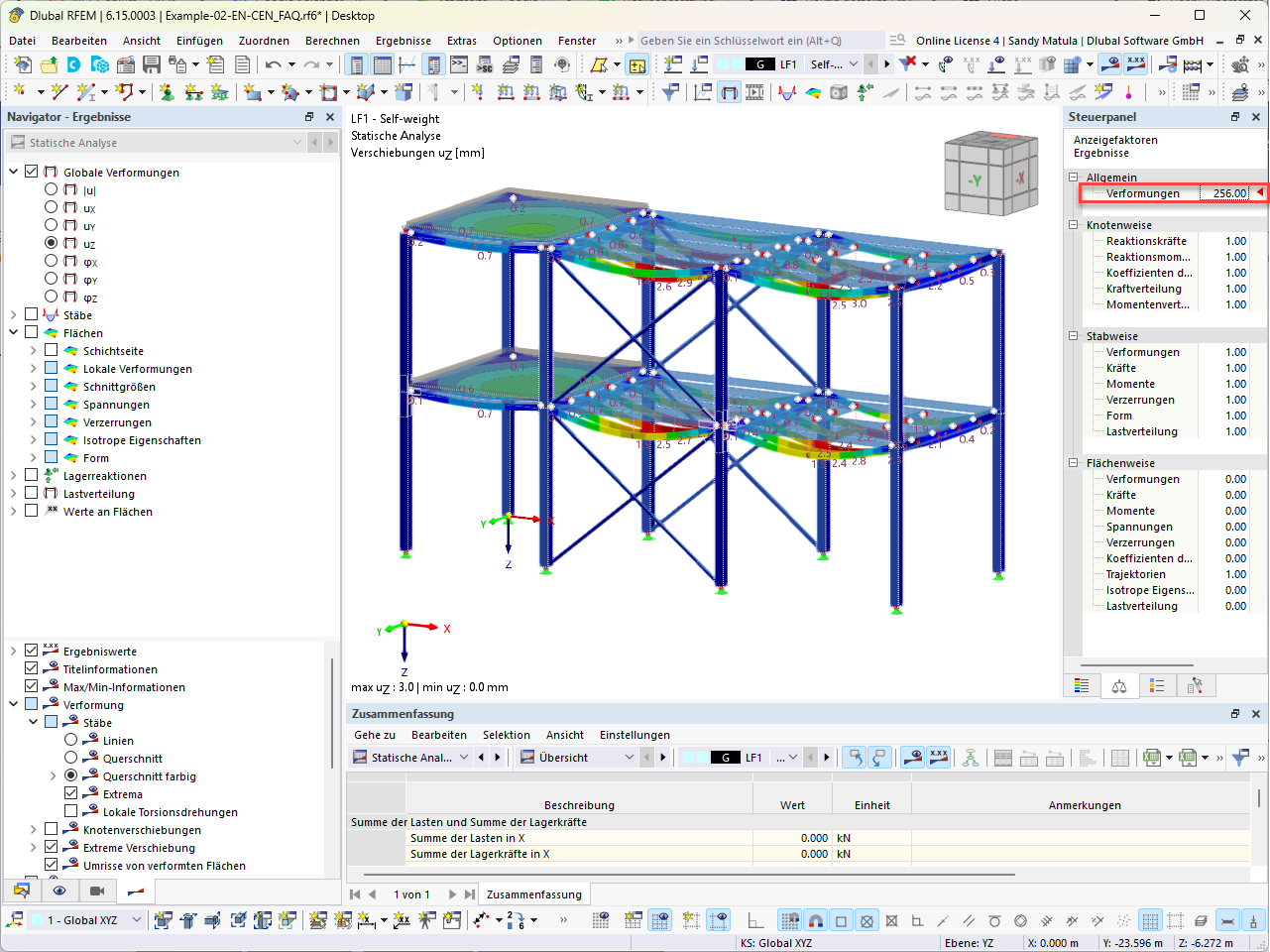 Modelo de RFEM calculado muestra deformaciones estructuradas con escala de colores
