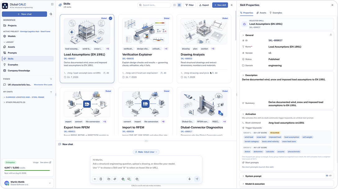 La Biblioteca de Habilidades en la App Dlubal CALC ofrece un conjunto completo de comprobaciones prediseñadas que incluyen análisis de acero y hormigón, diagnósticos de RFEM y conversión de formatos para flujos de trabajo de ingeniería eficientes.