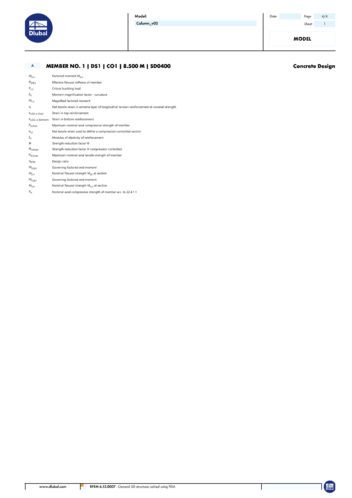 Los resultados de diseño de columnas en RFEM muestran consideraciones de refuerzo y carga.