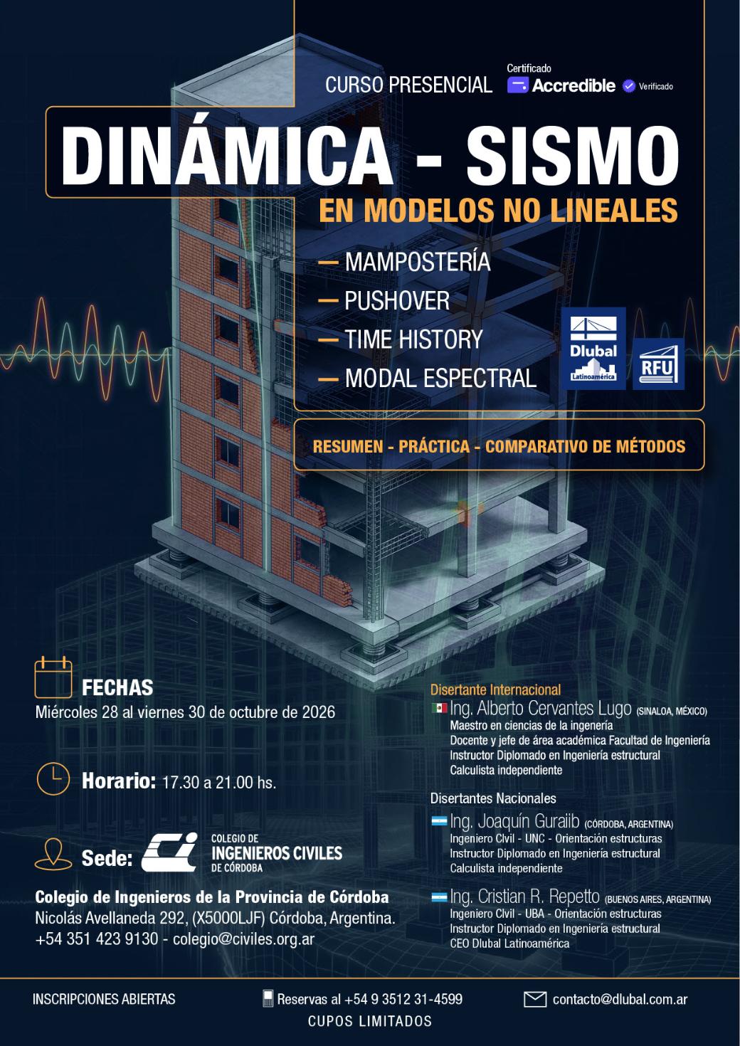 Curso presencial de dinámica, sismo en modelos no lineales en Córdoba, Argentina