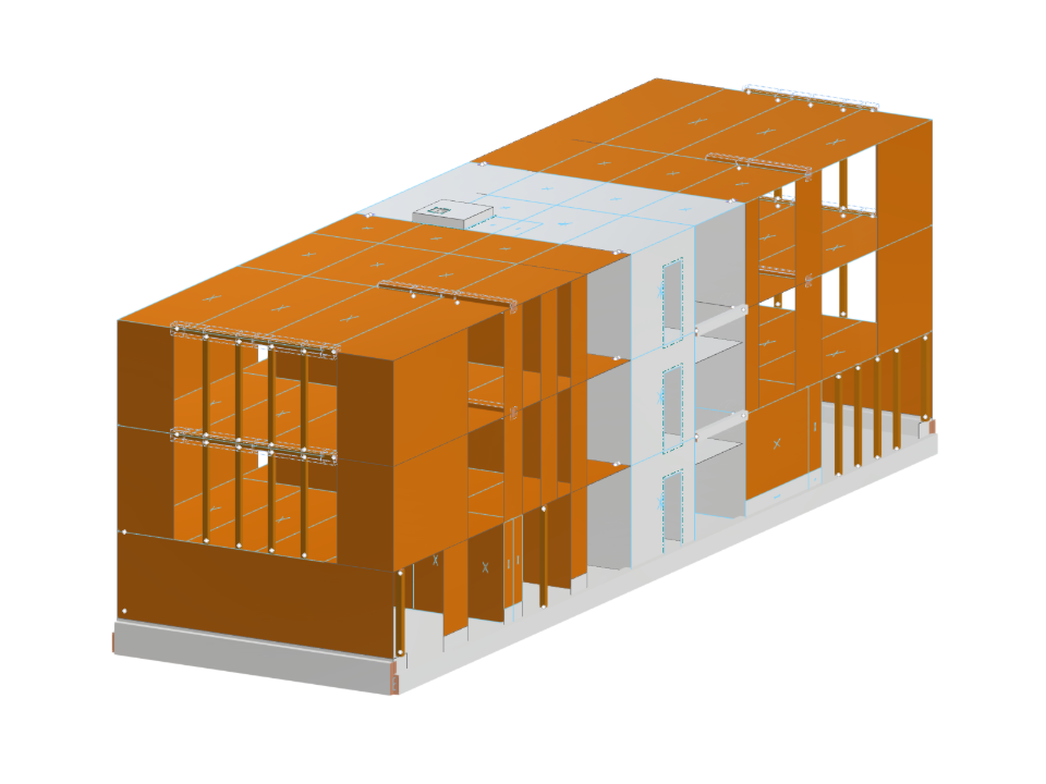 Modelo estructural 3D de la Extensión de la escuela primaria de Otzenrath en construcción híbrida con elementos de Madera y elementos de hormigón