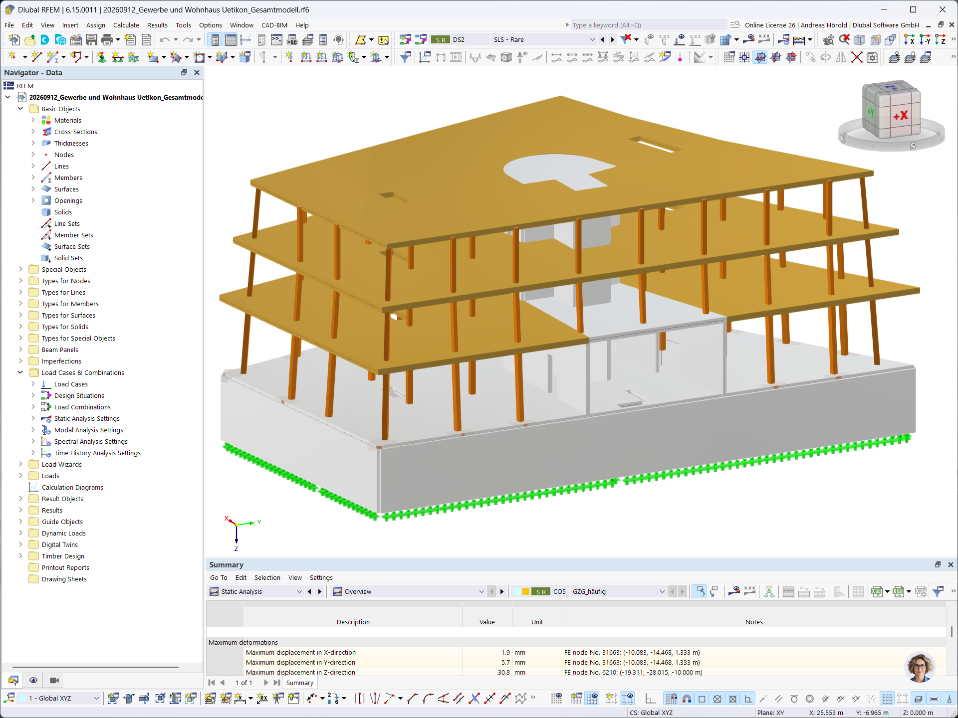 Modelo de RFEM del edificio residencial y comercial de Uetikon am See con pilares de madera, diafragmas rígidos y paredes de sótano