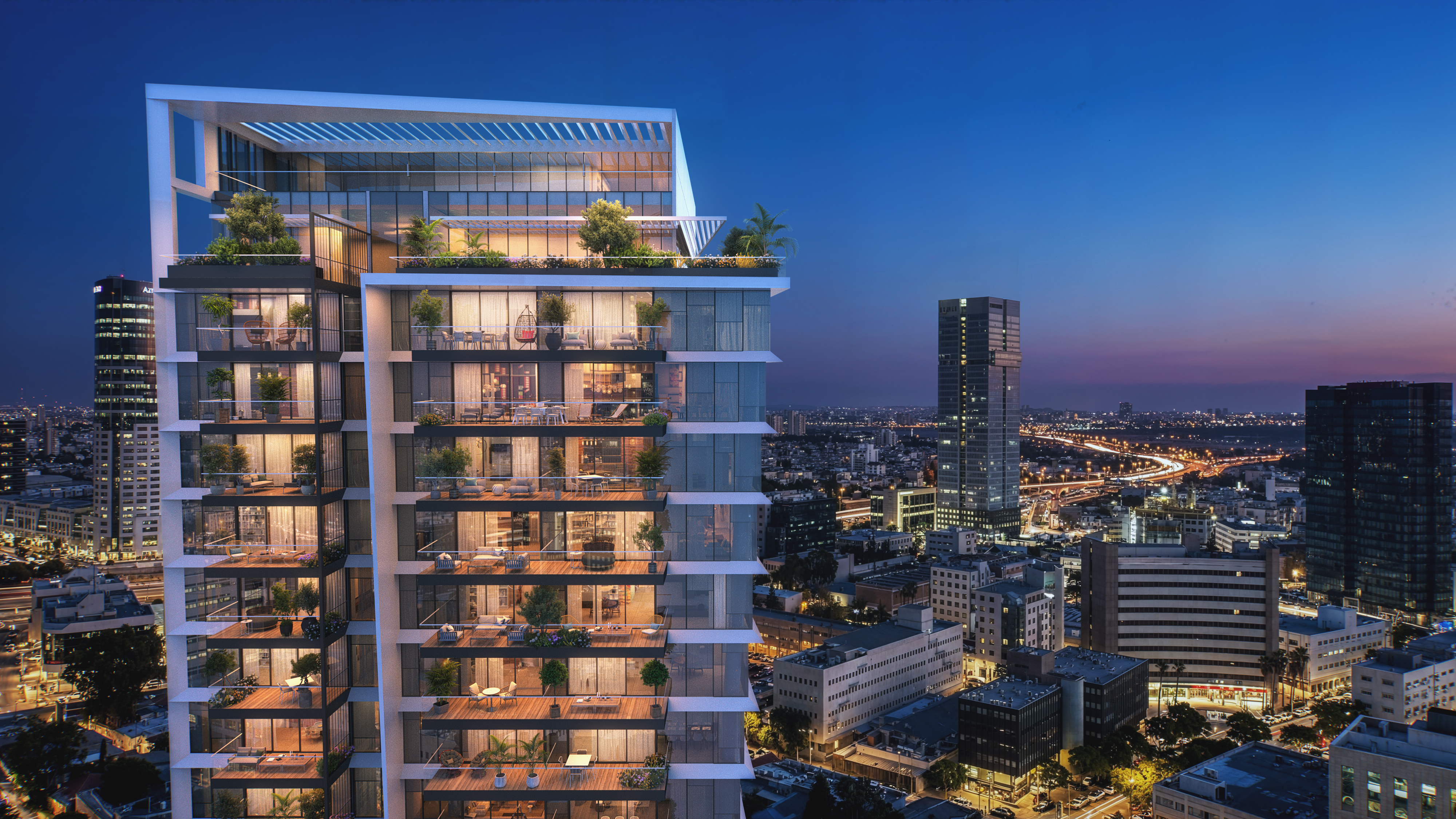 Mazeh Tower en Tel Aviv con balcones ajardinados ("Balcón") y vistas al perfil urbano nocturno