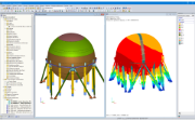 Analytisches 3D-Modell in RFEM (links) und in RF-DYNAM Pro berechnete Eigenform (rechts)