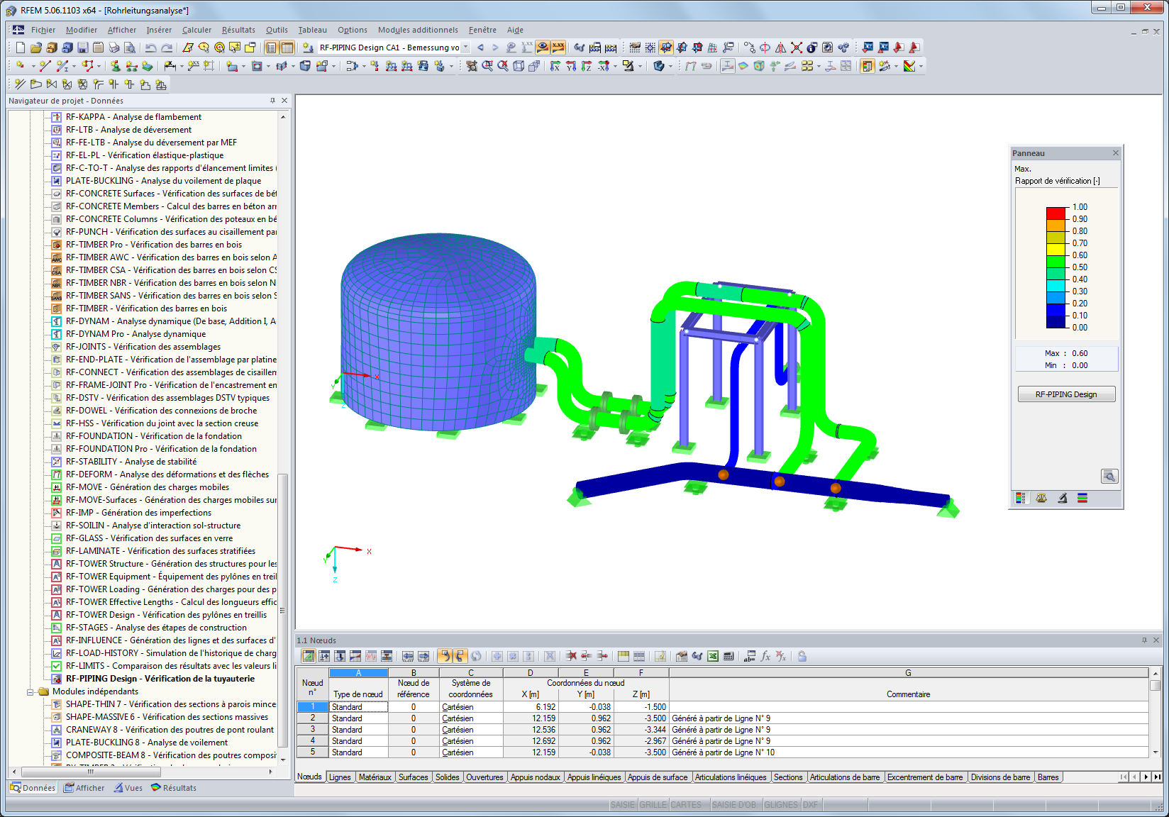 Représentation graphique de l'analyse des canalisations dans RFEM