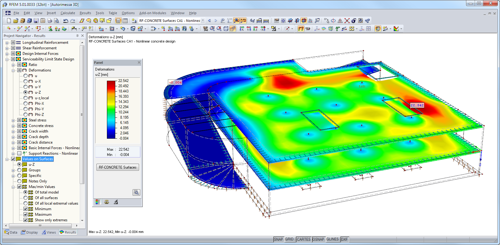 Affichage graphique des résultats dans RFEM avec la déformation à l'état II