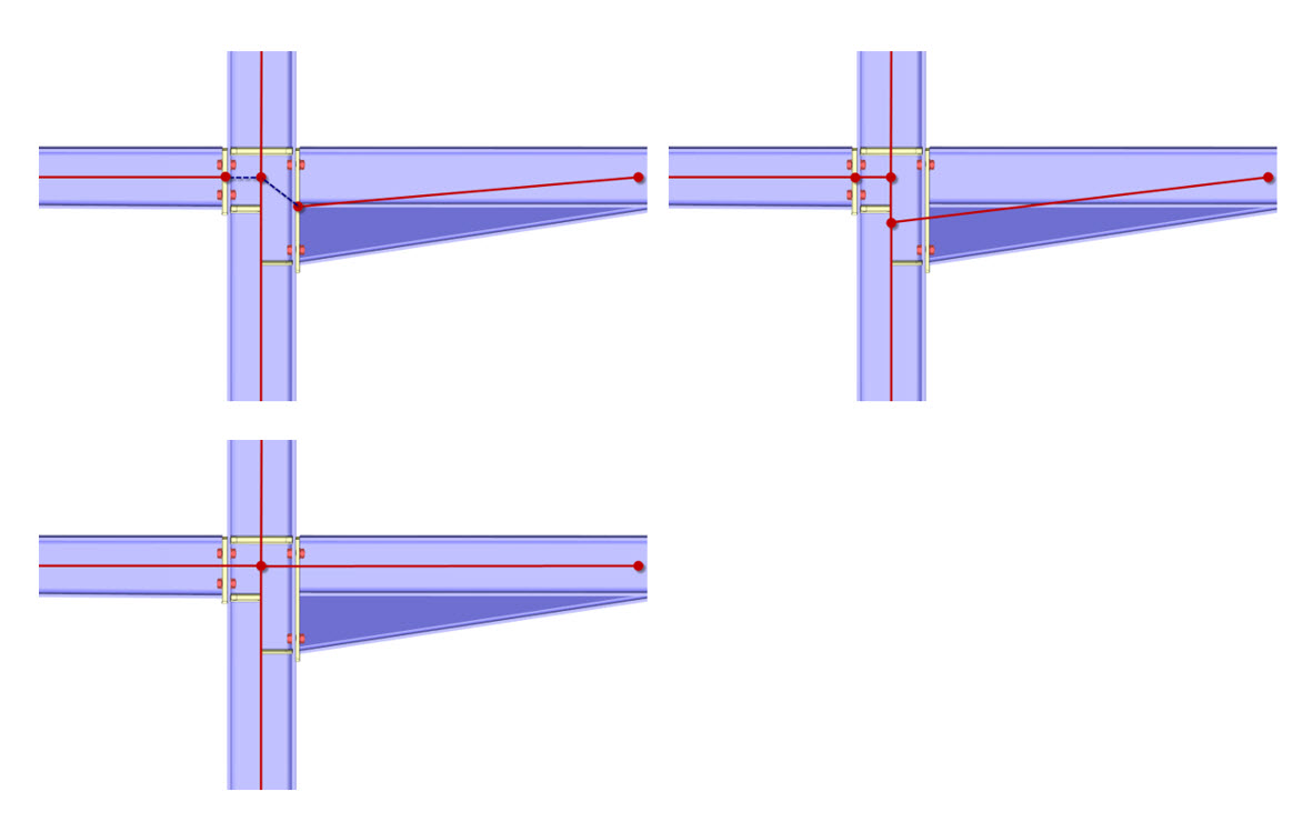 Variantes d'un modèle d'analyse de connexion en acier boulonnée (lignes rouges et nœuds) pour un calcul dans un logiciel de calcul de structures filaires