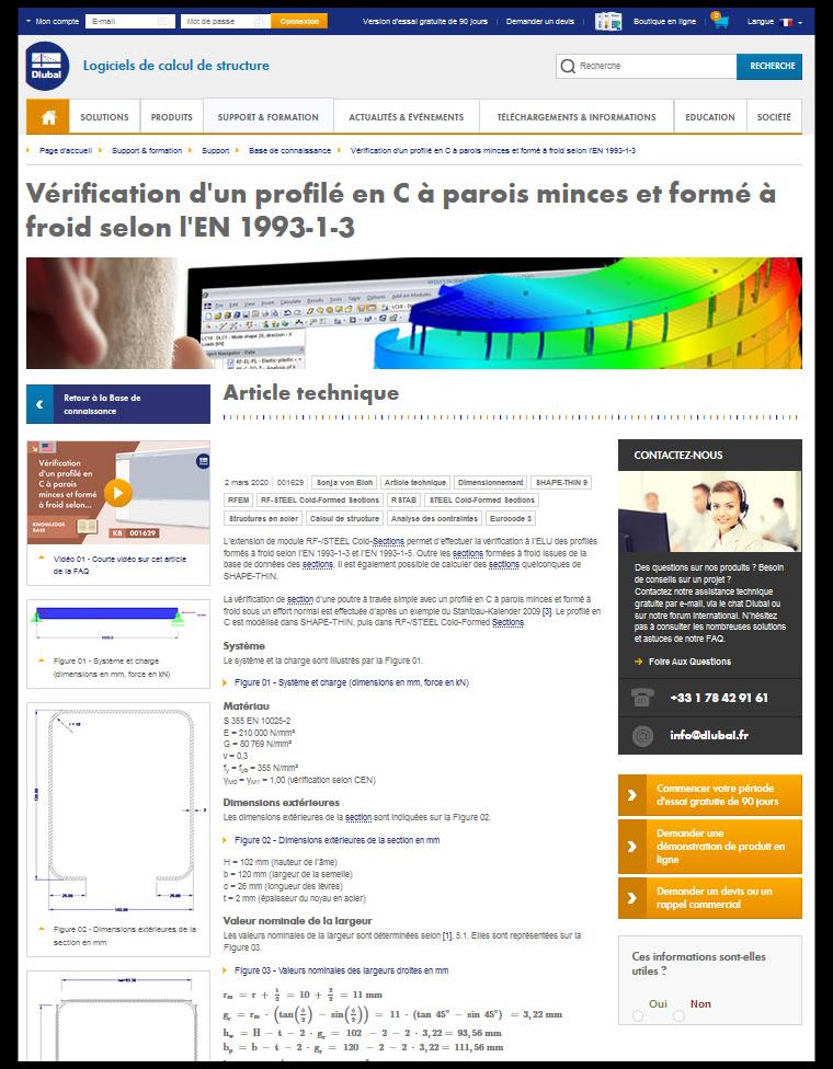Base de connaissance en ligne Dlubal avec articles techniques et exemples de calcul