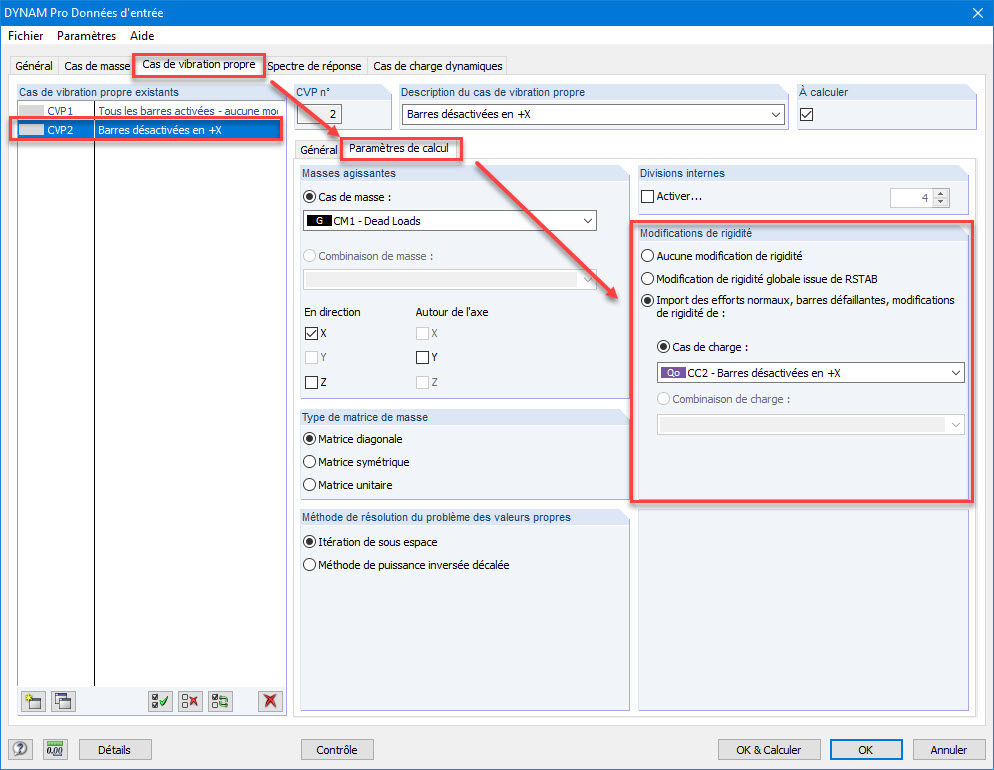 Option « Modifications de rigidité » dans DYNAM Pro