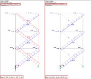 Comparaison des efforts normaux dans les barres de traction : non-linéarités non considérées (à gauche) et considérées (à droite)