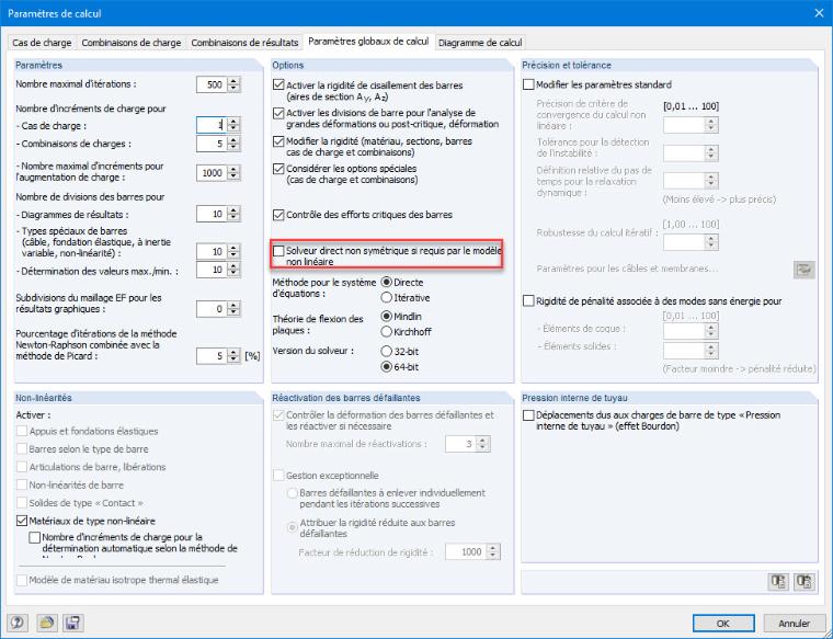 Paramètres de calcul de la boîte de dialogue