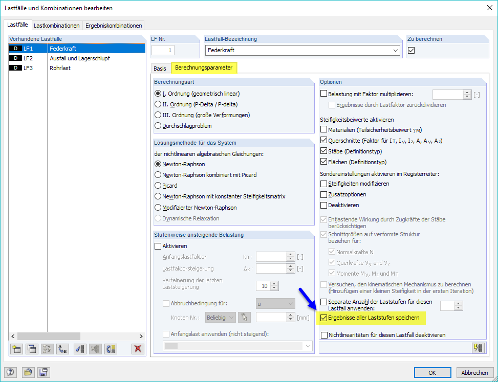 Explication de l’option d’enregistrement des résultats de tous les incréments de charge dans le logiciel. Paramètres pour une analyse complète des résultats.