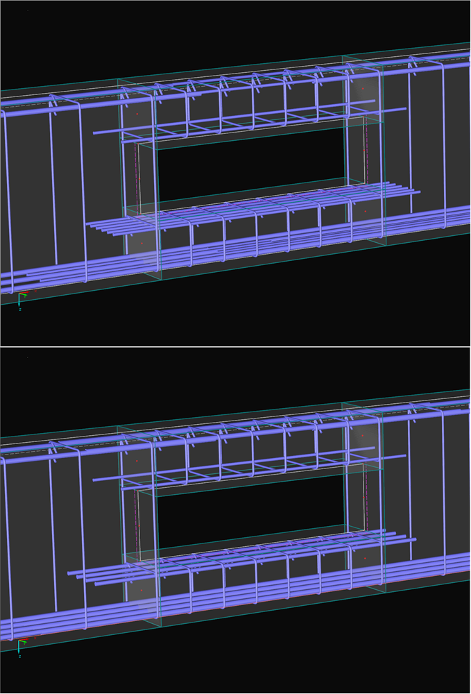 Optimisation des armatures; Ci-dessus: Sans ajustements, en dessous: Armature longitudinale ajustée