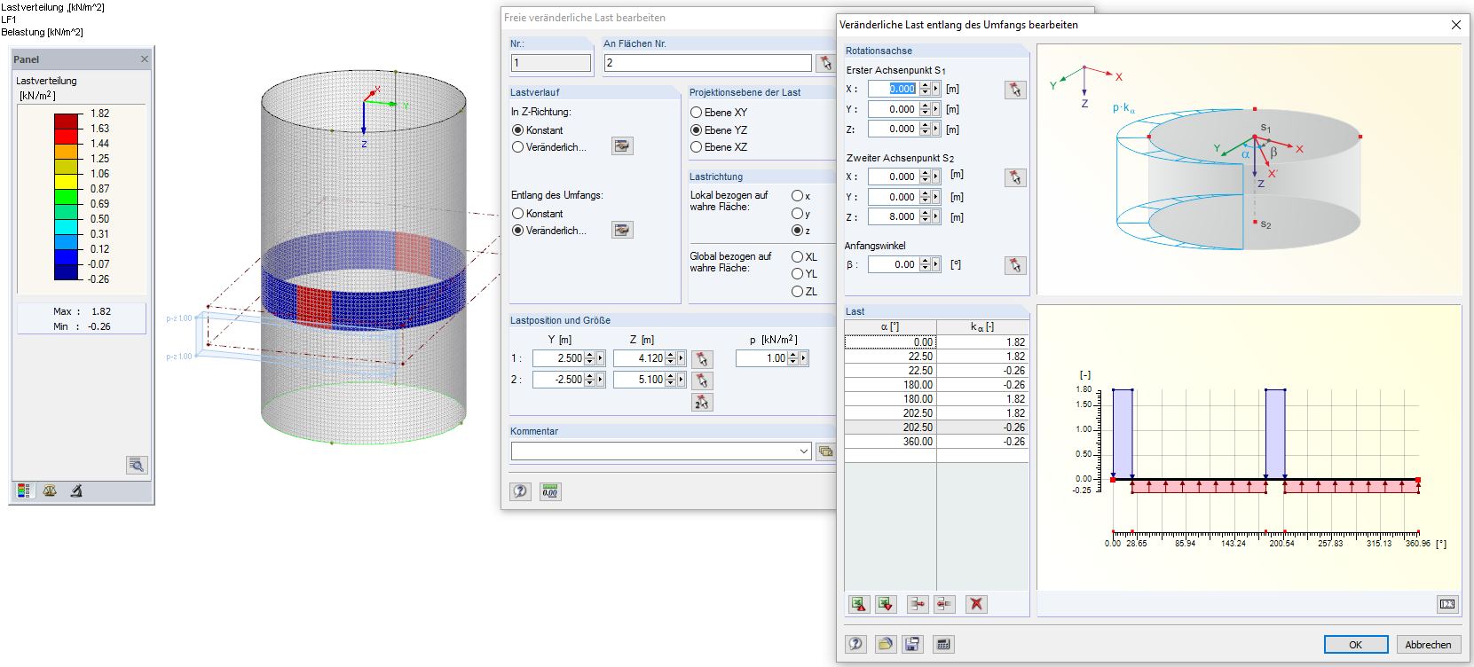 Entrée de charge dans RFEM pour la charge surfacique partielle pour le cas de charge de remplissage (z = 4,61 m)