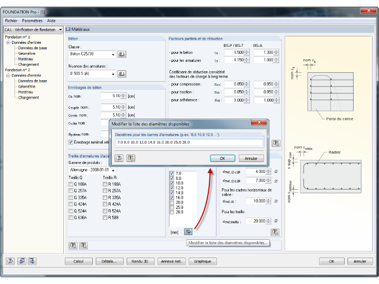 Ajustement des diamètres des barres d’armatures disponibles dans RF-/FOUNDATION Pro