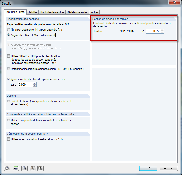 Valeur limite des contraintes de cisaillement de torsion pour le calcul de section