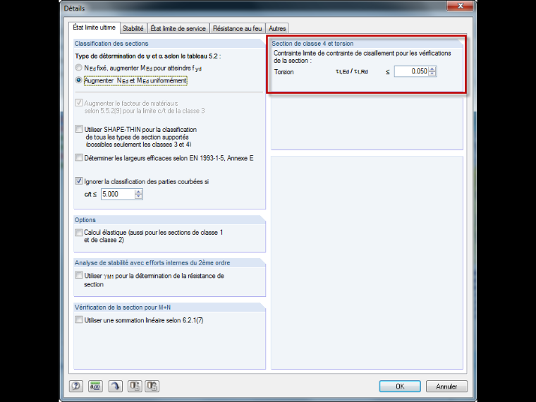 Valeur limite des contraintes de cisaillement de torsion pour le calcul de section