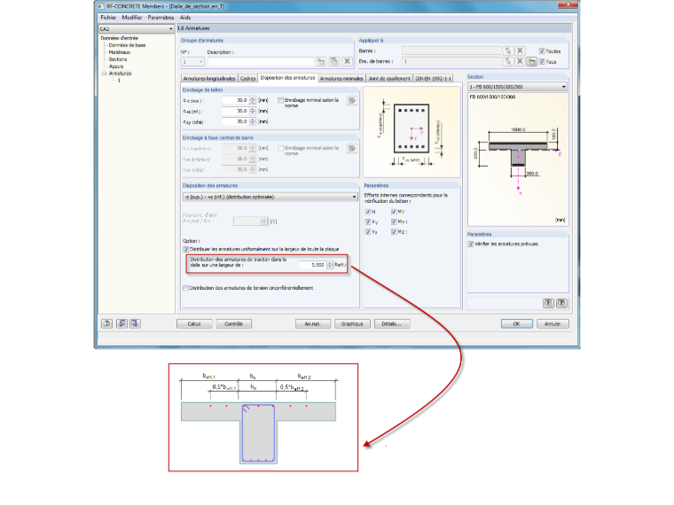 Distribution limitée de la largeur de l'armature de traction dans la dalle de compression des profilés en T