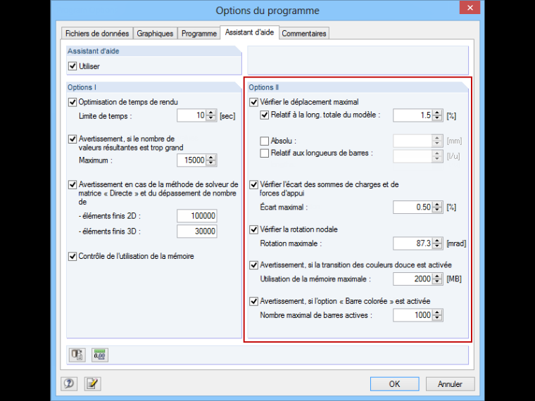 Utilisation des options II dans l'assistant d'aide