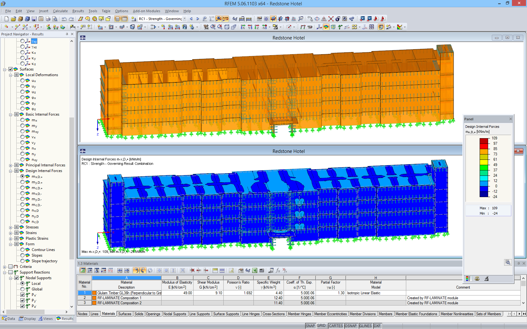 Modèle 3D (en haut) et efforts internes (en bas) de la structure bois dans RFEM (© Nordic Structures, © Schaefer)