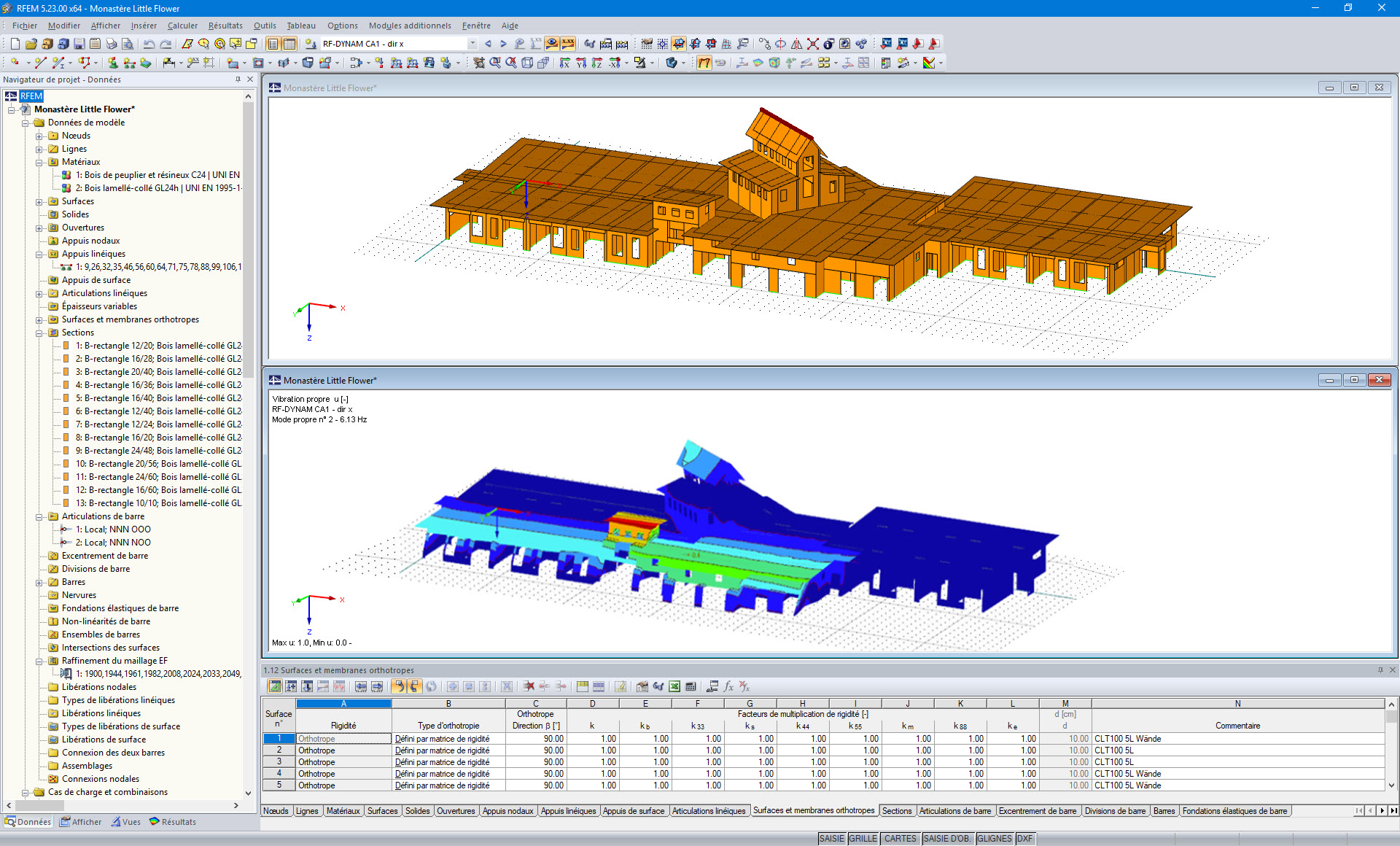 Modèle 3D (en haut) et mode propre (en bas) de la structure en bois calculé à l'aide de RF-DYNAM dans RFEM (© Berger, Gadner Meran)