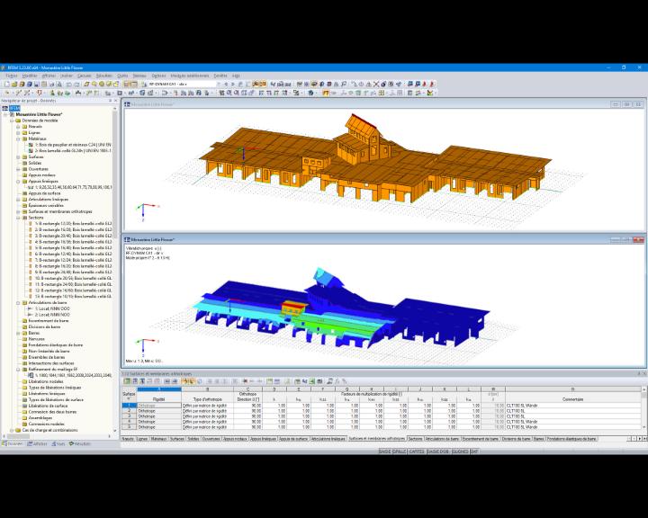 Modèle 3D (en haut) et mode propre (en bas) de la structure en bois calculé à l'aide de RF-DYNAM dans RFEM (© Berger, Gadner Meran)