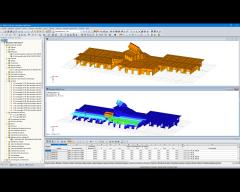 Modèle 3D (en haut) et mode propre (en bas) de la structure en bois calculé à l'aide de RF-DYNAM dans RFEM (© Berger, Gadner Meran)