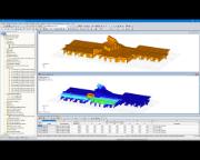 Modèle 3D (en haut) et mode propre (en bas) de la structure en bois calculé à l'aide de RF-DYNAM dans RFEM (© Berger, Gadner Meran)