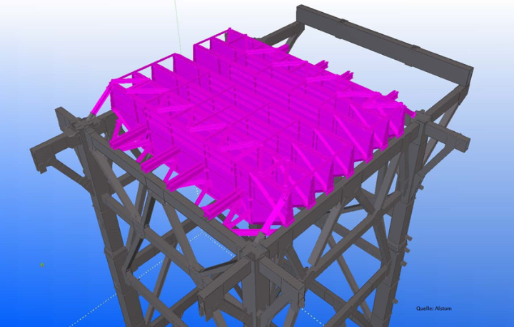 Modèle Tekla de la structure porteuse (en gris) et du toit de la chaudière (en rose) (© Alstom)