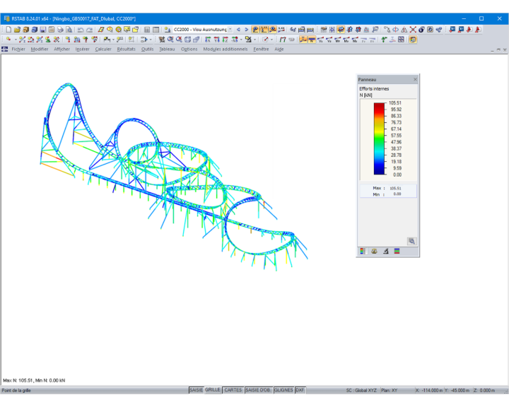 Efforts normaux affichés après la vérification à la fatigue selon GB 50017 (1 kN = 1 %) sur le modèle 3D dans RSTAB (© Maurer Söhne)