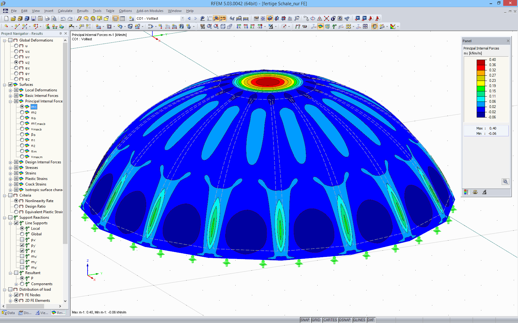 Représentation graphique dans RFEM des moments maximaux de 0,40 kN/m dans la coque (état final) contrainte par son poids propre et une charge de neige de 1,5 kN/m² (© TU Wien)