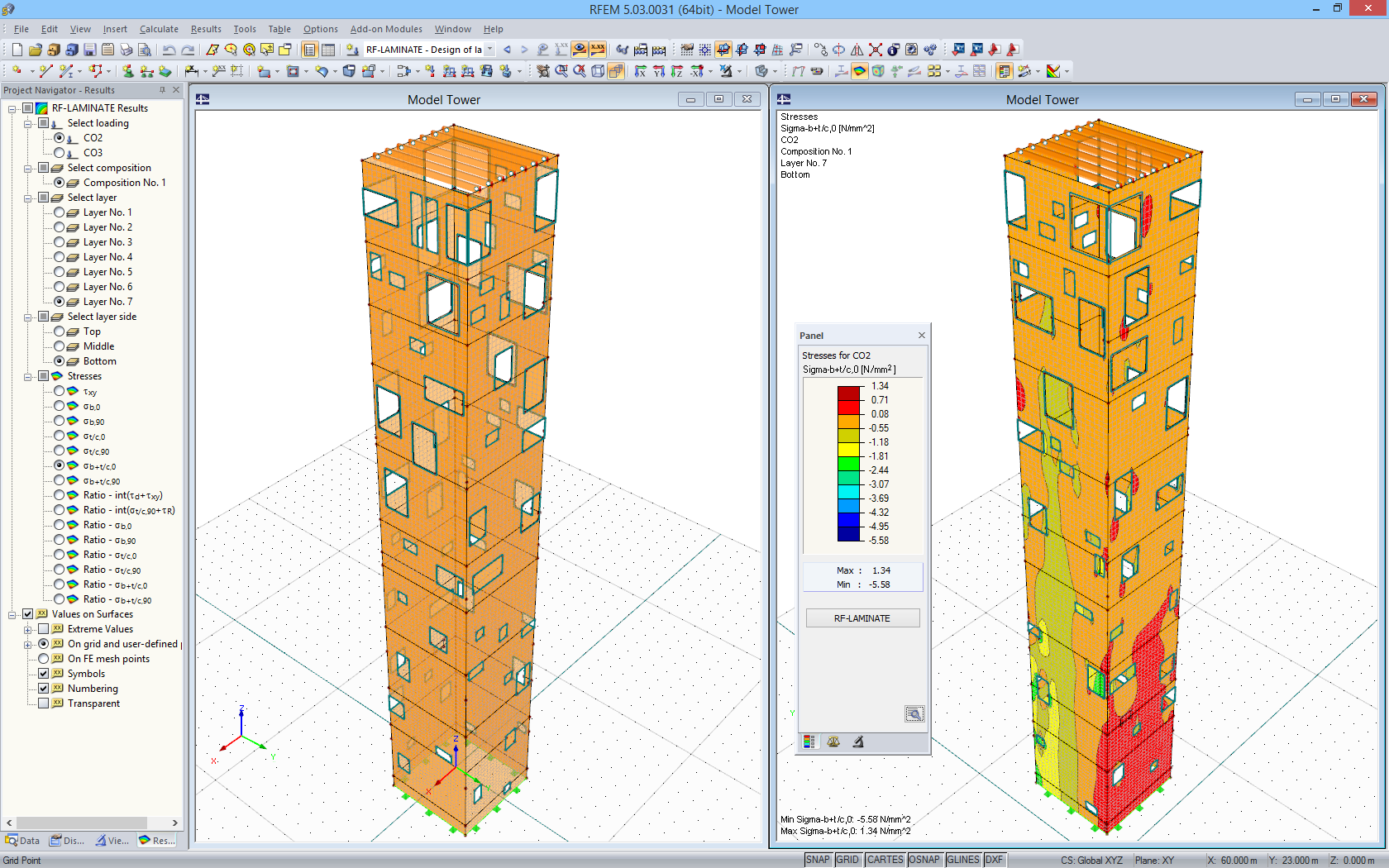 Modèle de la structure extérieure et résultats du calcul à l’aide de RF-LAMINATE dans RFEM (© Wirth)